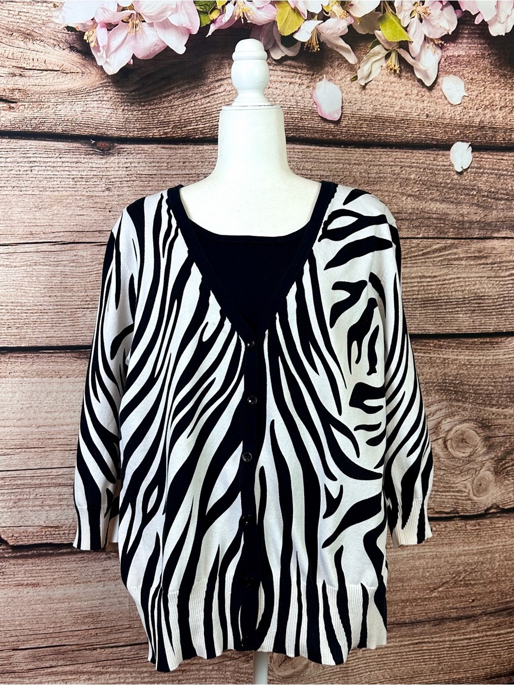 JM Collection Women’s Cotton Black White Zebra Button Down Cardigan Sweater